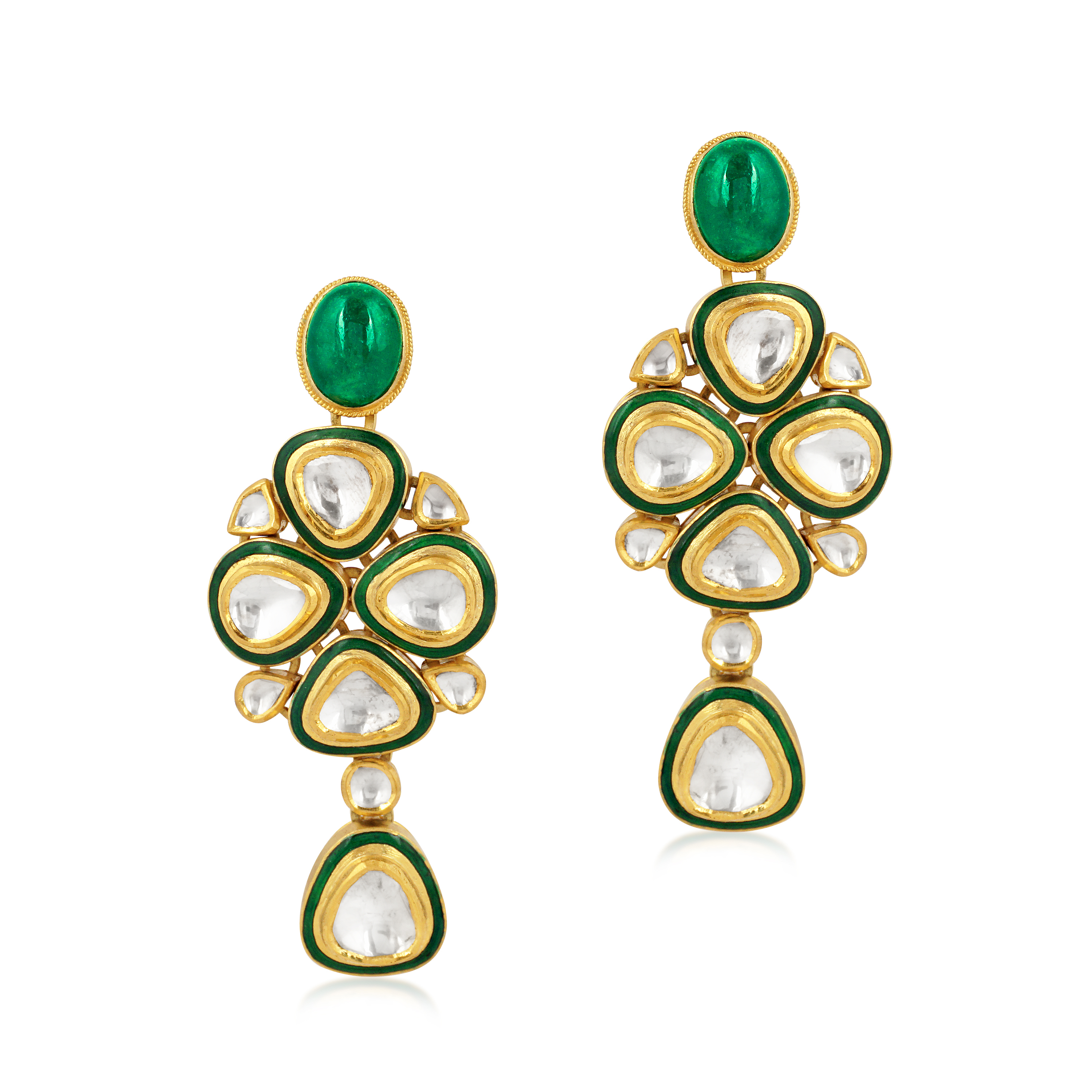 Emerald Cabochon Earrings with Polki and Green Meena Borders
